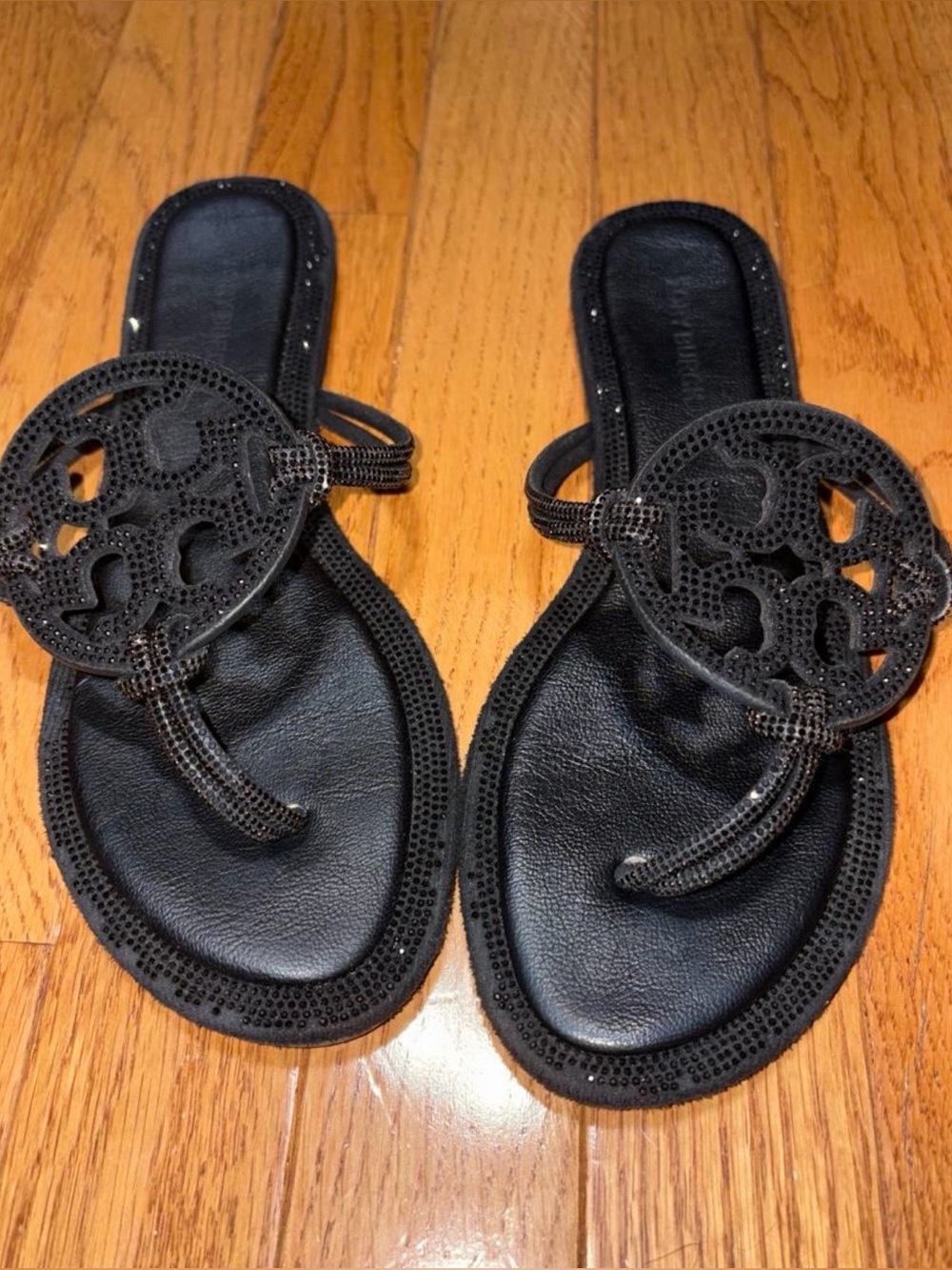 Tory Burch Black Laser-Cut Logo Slide Sandals